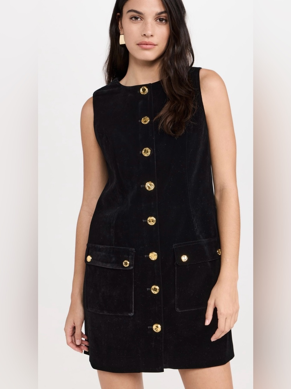 NWT English Factory Black Velvet Mini Dress Gold Button Sleeveless Chic Classic
